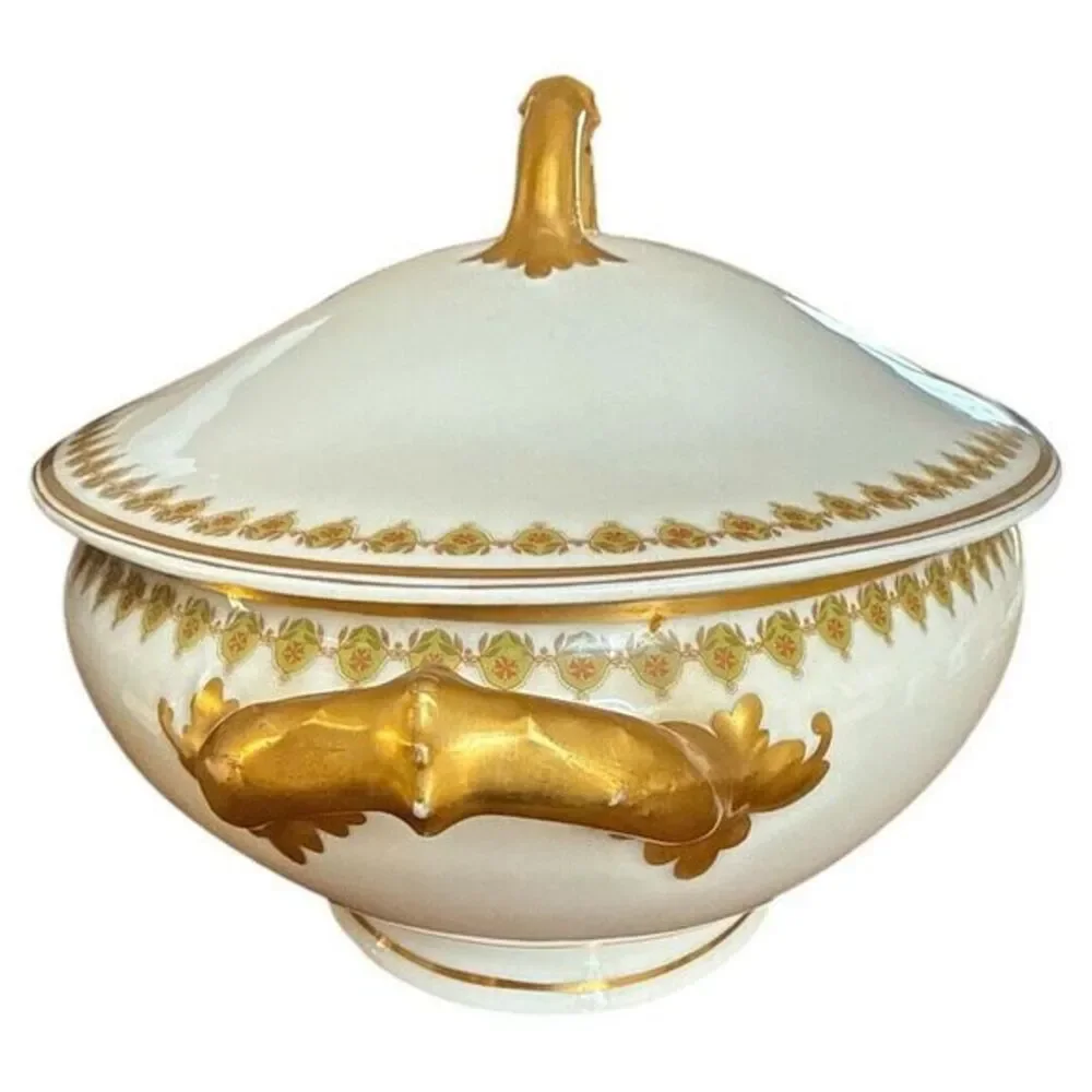 Haviland Limoges Antique Oval Tureen w Lid Serving Bowl Gold‎ Rim Green Vine